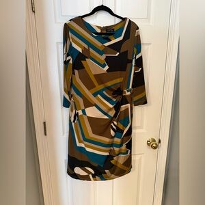 Tahari ASL Abstract Long Sleeve Dress in Blue, Brown, and Black